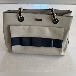 Kate Spade Navy and Cream Women's Large Leather Oversized Tote Bag Bow Chain